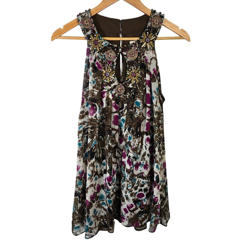 ECI New York Womens Tank Top Size 6 Embellished Neckline Floral Print Sleeveless